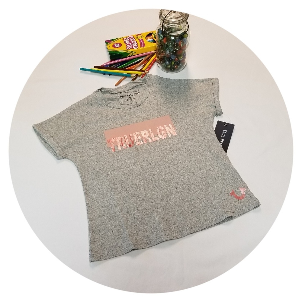 True Religion Pink Foil Reflection Tee Girls Grey